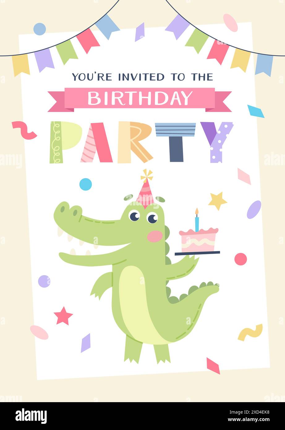 Invitation d'anniversaire pour enfants. Crocodile mignon avec gâteau et chapeau de fête. Modèle d'illustration vectorielle Illustration de Vecteur