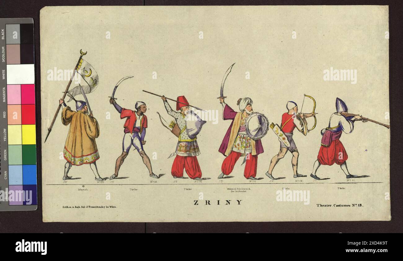 Altwiener Mandlbogen - Theaterfiguren (Blatt Nr. 18, Zriny), aus der Serie 'Theater-costumes' Joseph Trentsensky (1794—1839), éditeur Wien Museum, Scan, acteur (sur scène) avant 1832 (année de publication) Banque D'Images