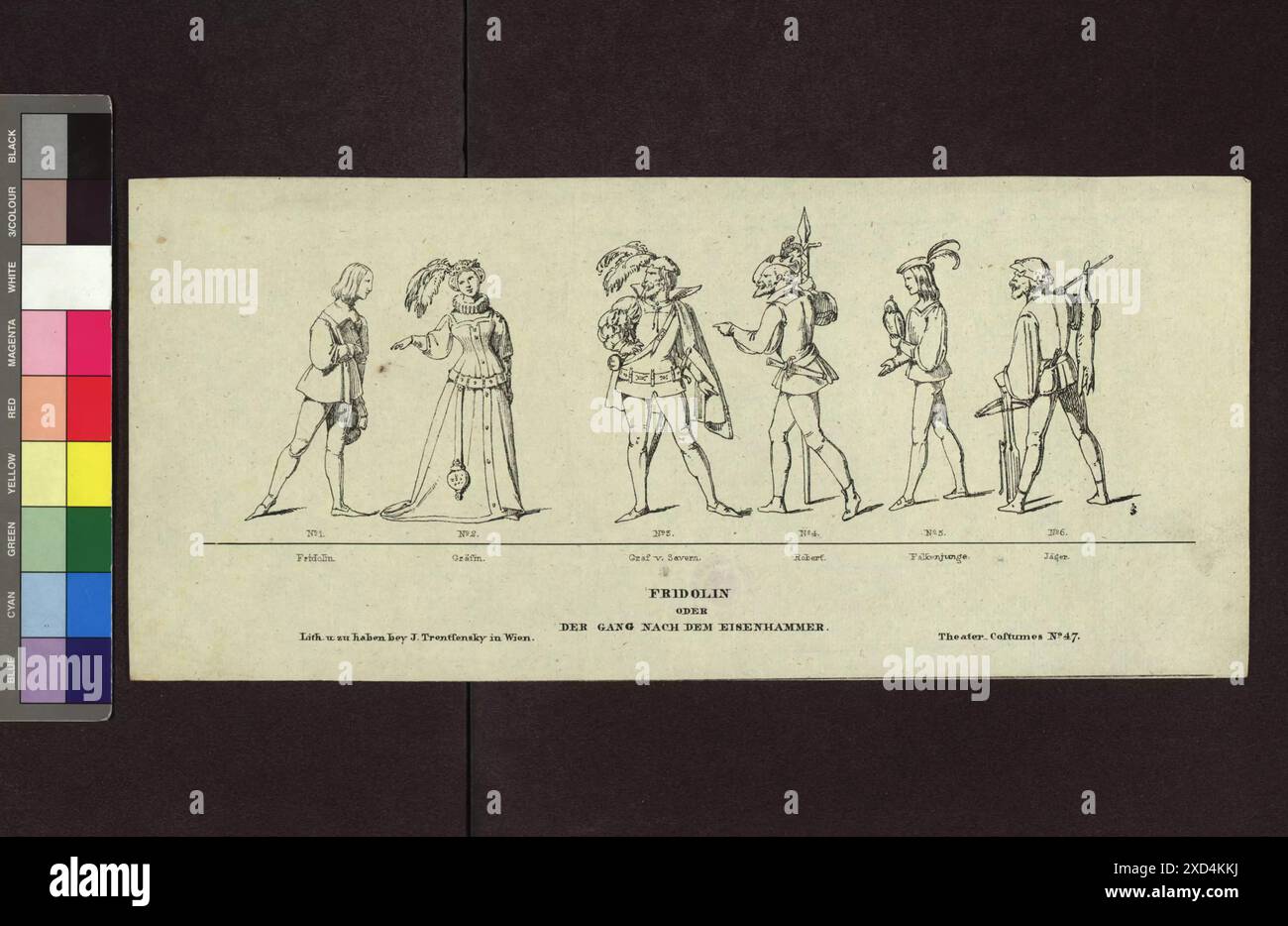 Altwiener Mandlbogen - Theaterfiguren (Blatt Nr. 47, Fridolin, oder : Der Gang nach dem Eisenhammer), aus der Serie 'costumes de théâtre' Joseph Trentsensky (1794—1839), éditeur Wien Museum, Scan, acteur (sur scène) avant 1832 (année de publication) Banque D'Images