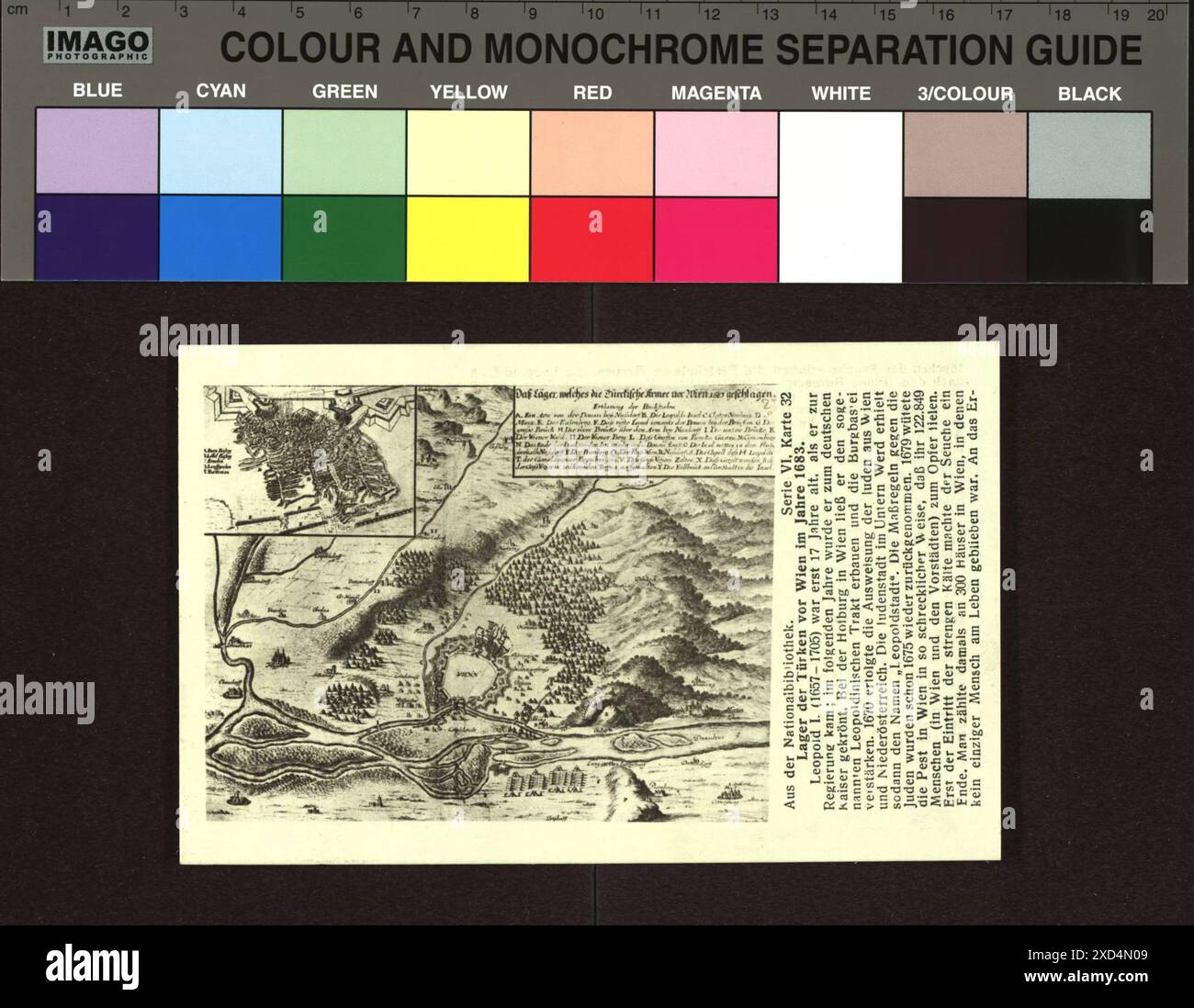 Carte postale montrant l'histoire de Vienne avec texte explicatif de Hofrat Leopold Indra, y compris des cartes de la ville et des informations historiques de 1901 à 1950 environ. Banque D'Images