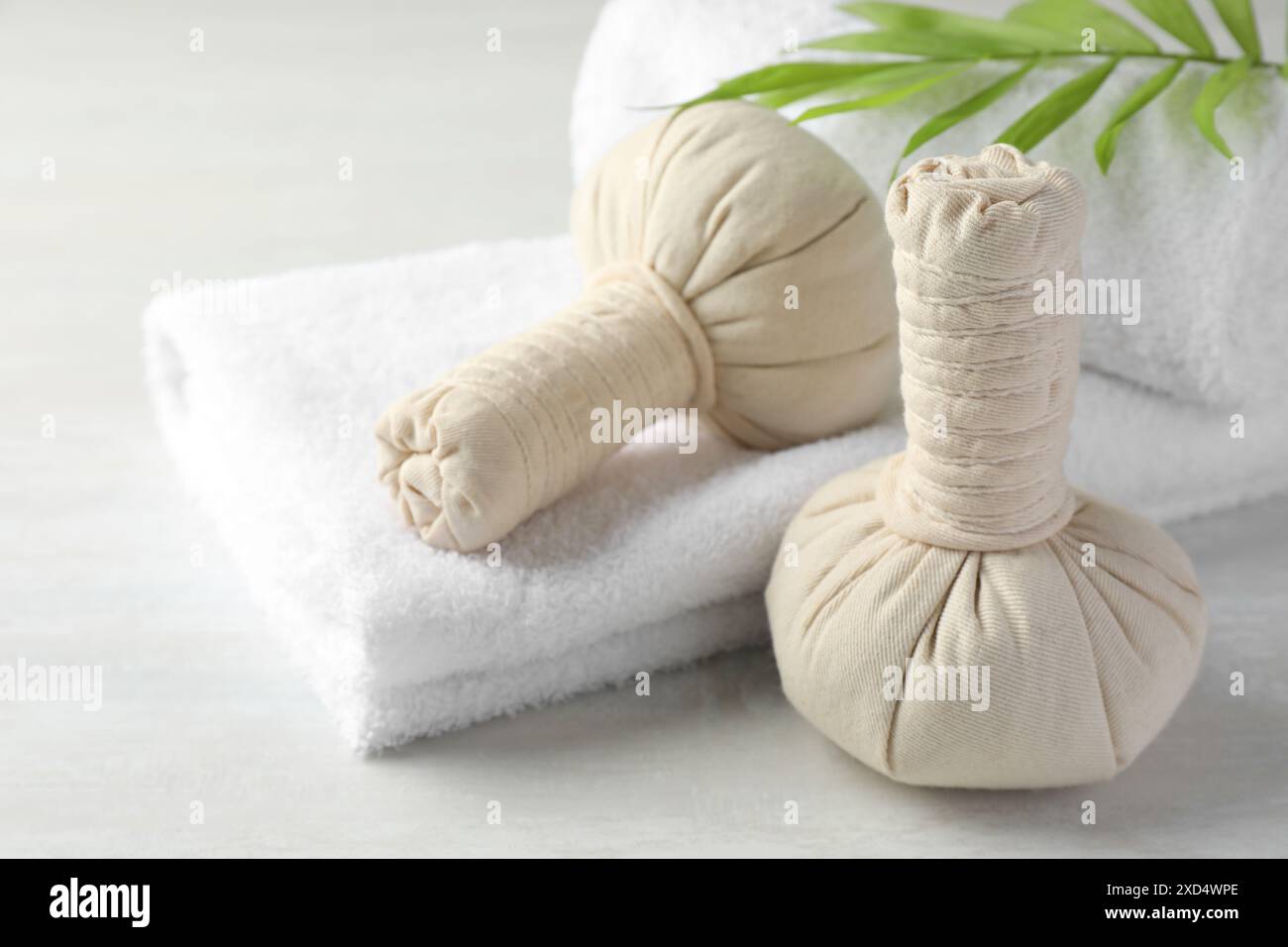 Composition pour spa. Sacs à base de plantes, serviettes et feuille de palmier sur la table lumineuse Banque D'Images