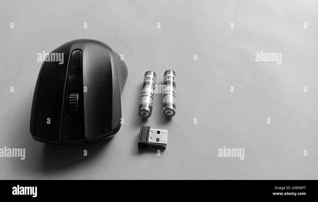 Photo d'une souris sans fil avec batterie et usb à côté sur fond bleu Banque D'Images