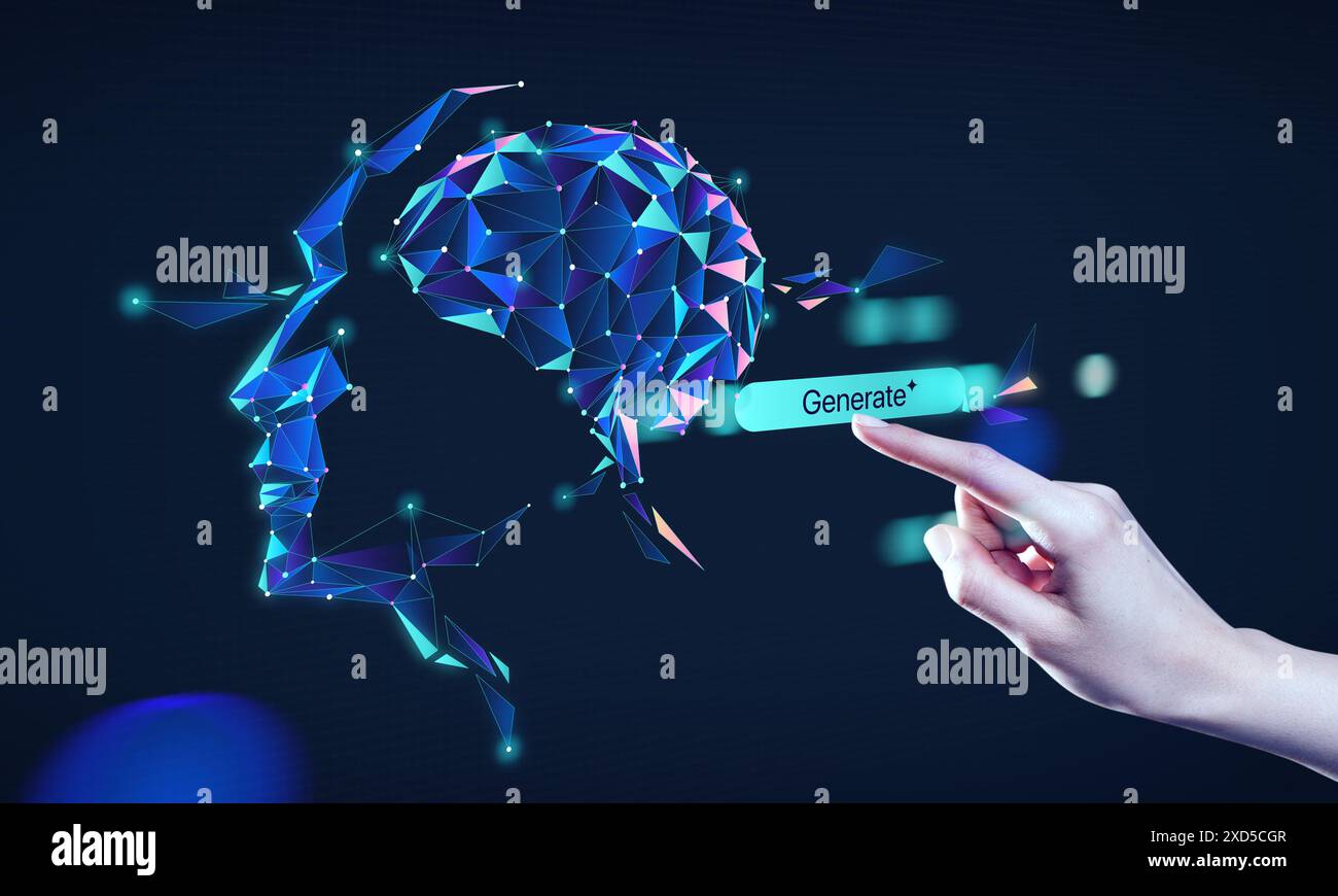 Un flux abstrait tactile à la main, une onde d'information, un bouton génératif. Big Data, technologie, IA, transfert de données, flux de données, IA générative, llm Banque D'Images