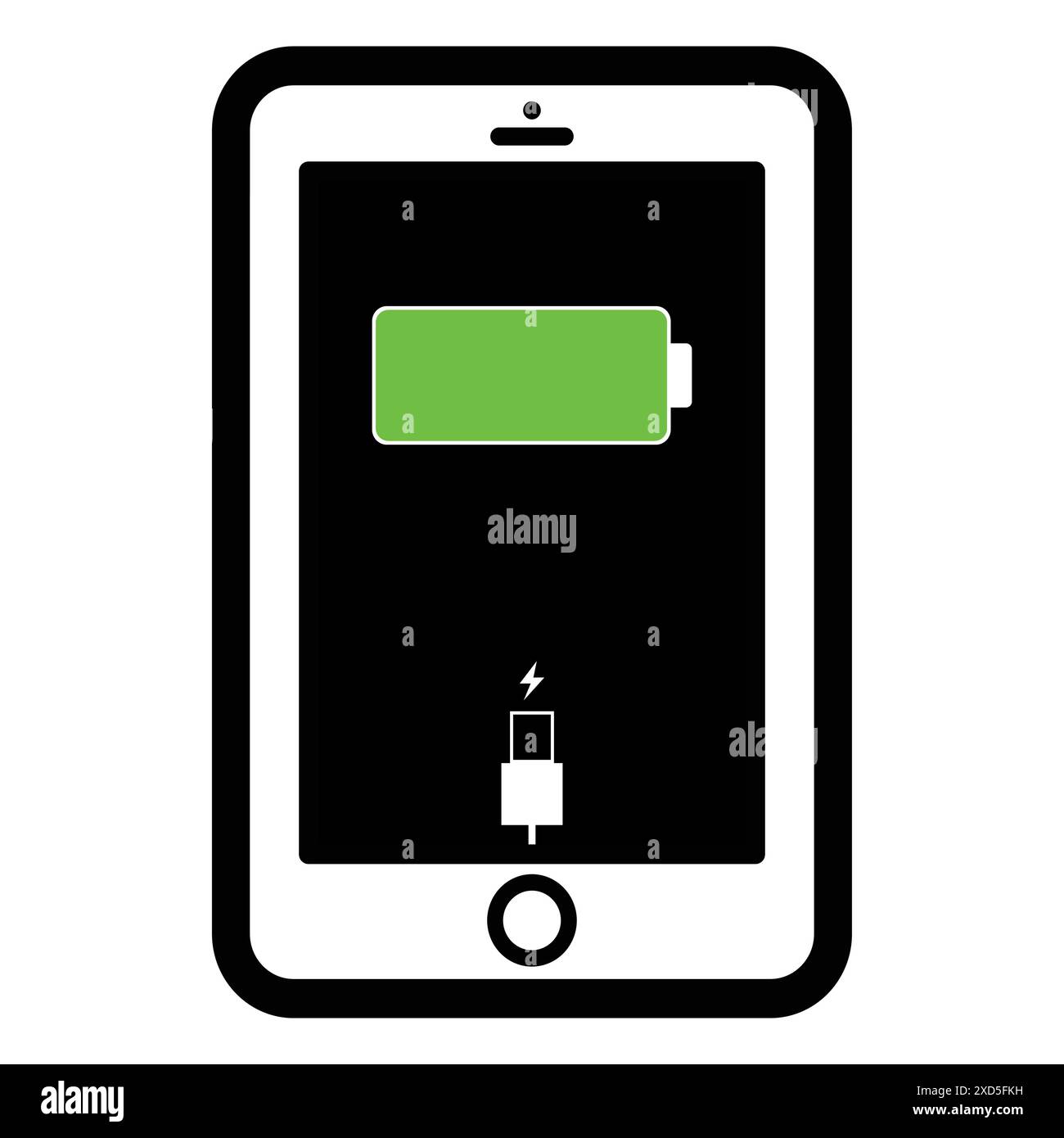 Icône de chargement du téléphone. Batterie de chargement de smartphone. Indicateurs de niveau de charge de la batterie et avec connexion USB. Icône isolée sur fond noir. Vecteur Illustration de Vecteur