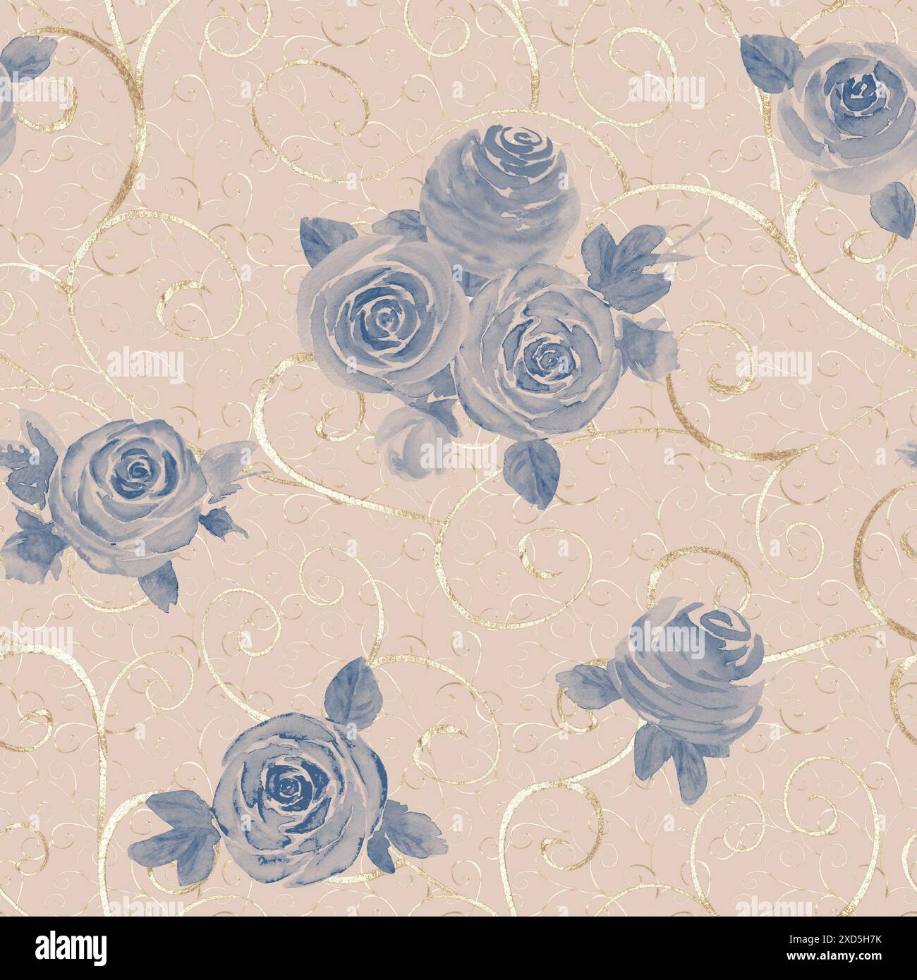Aquarelle roses fleurs. Beau motif floral sans couture. Aquarelle dessinée à la main illustration botanique bleu marine sur fond rose pastel. Imprimer Banque D'Images
