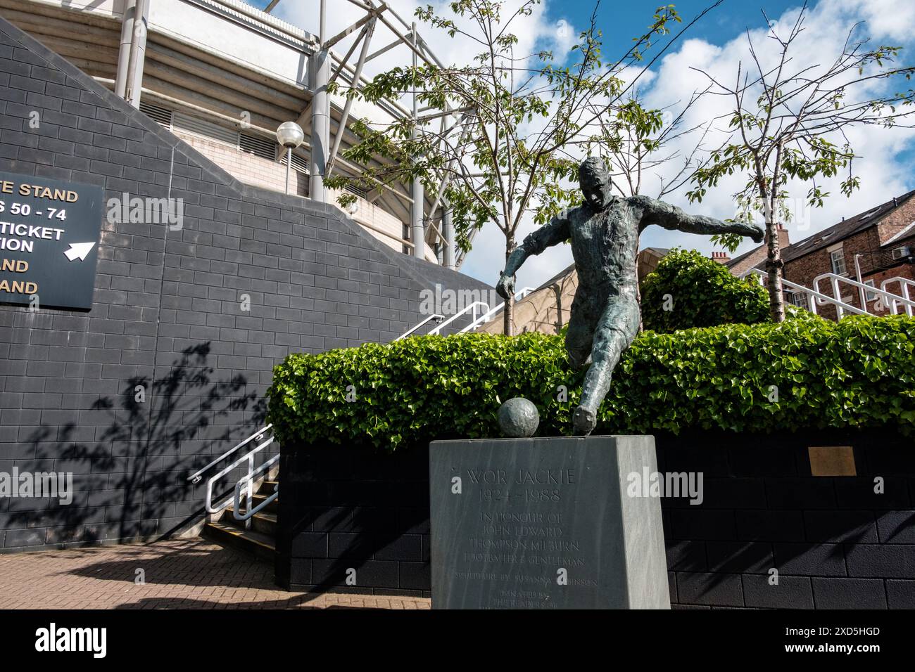 Newcastle UK : 8 juin 2024 : Newcastle United Football Atadium. Statue de Wor Jackie par jour ensoleillé. Hommage à Jackie Milburn à St James Park Banque D'Images