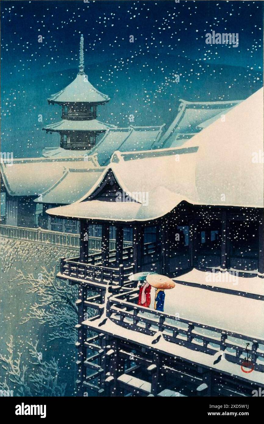 Printemps neige, temple Kyomizu, Kyoto par KAWASE Hasui en 1932 Banque D'Images