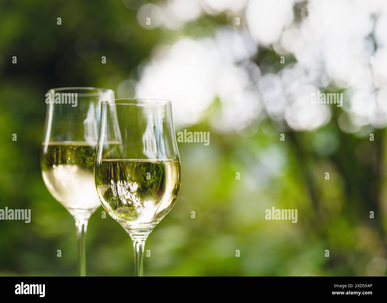 Deux verres à vin avec du vin blanc et un beau bokeh sur le fond. L'accent est mis sur le reflet dans le verre à vin. Faible profondeur de champ. Banque D'Images