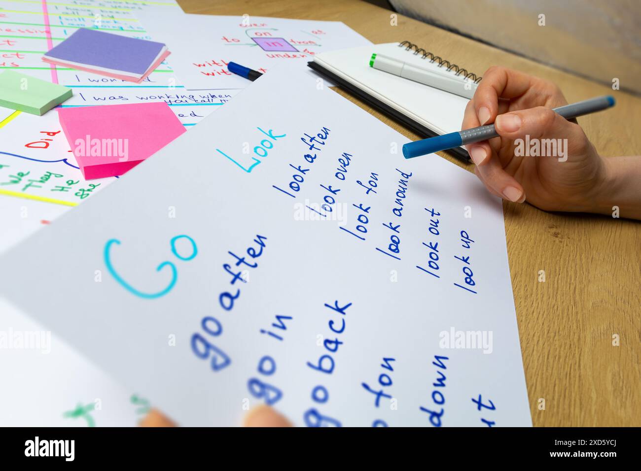Concept d'apprentissage et d'éducation. Un professeur dans une leçon d'anglais montre des mots à un élève, pointant avec un marqueur sur les règles grammaticales. Banque D'Images
