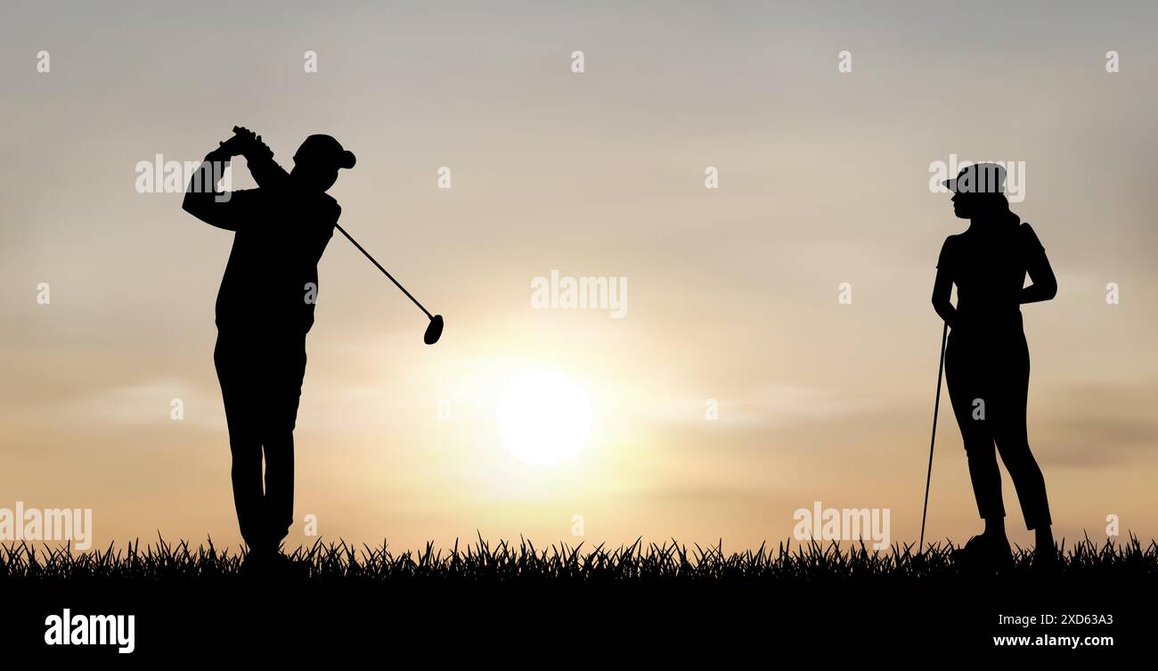 Un homme et une femme jouent au golf au coucher du soleil. Deux personnes jouent au golf. Illustration de Vecteur