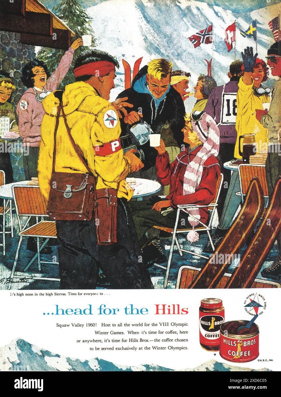 1960 Hills Bro Coffee ad : skieurs, direction les collines Banque D'Images