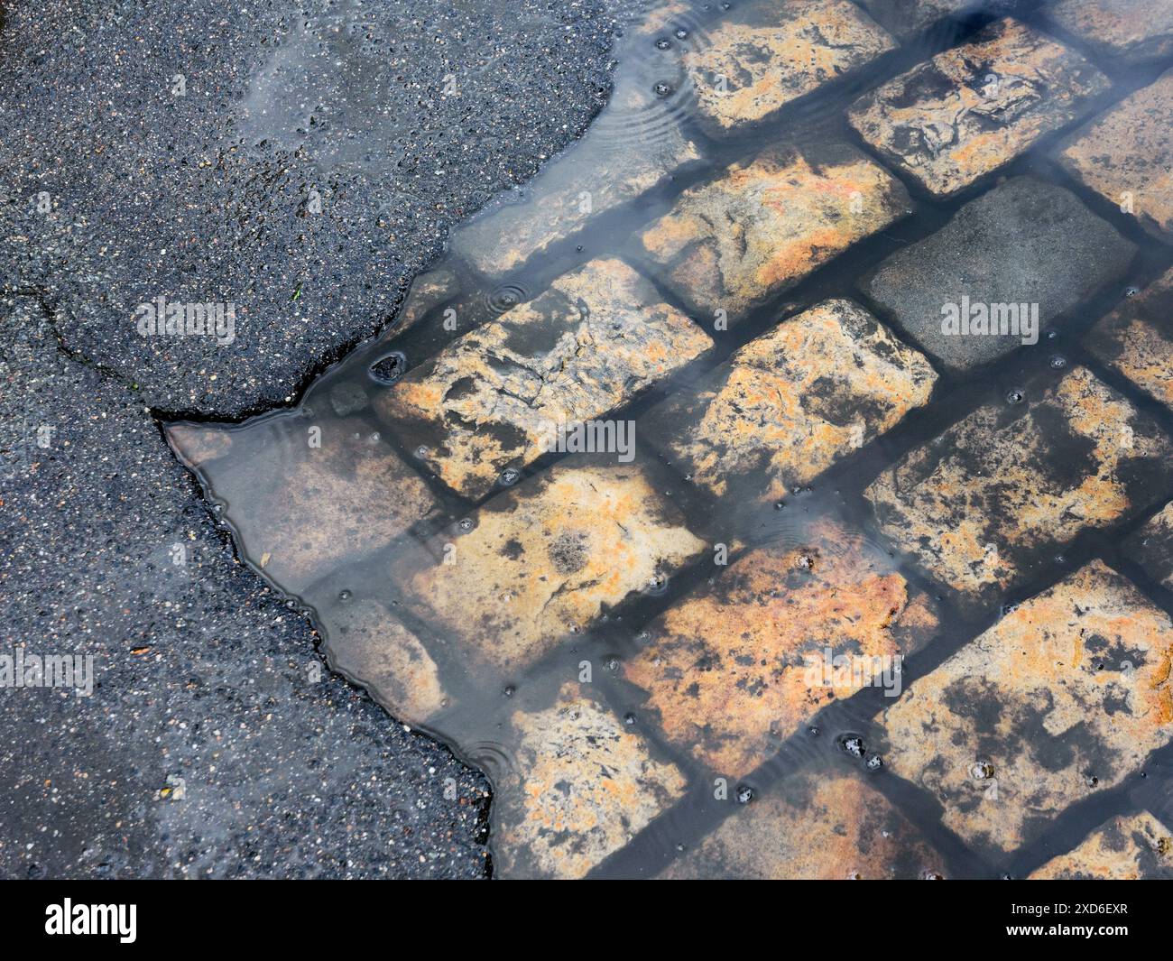 Surface de route brisée révélant des pavés de granit plus anciens - Tours, Indre-et-Loire (37), France. Banque D'Images