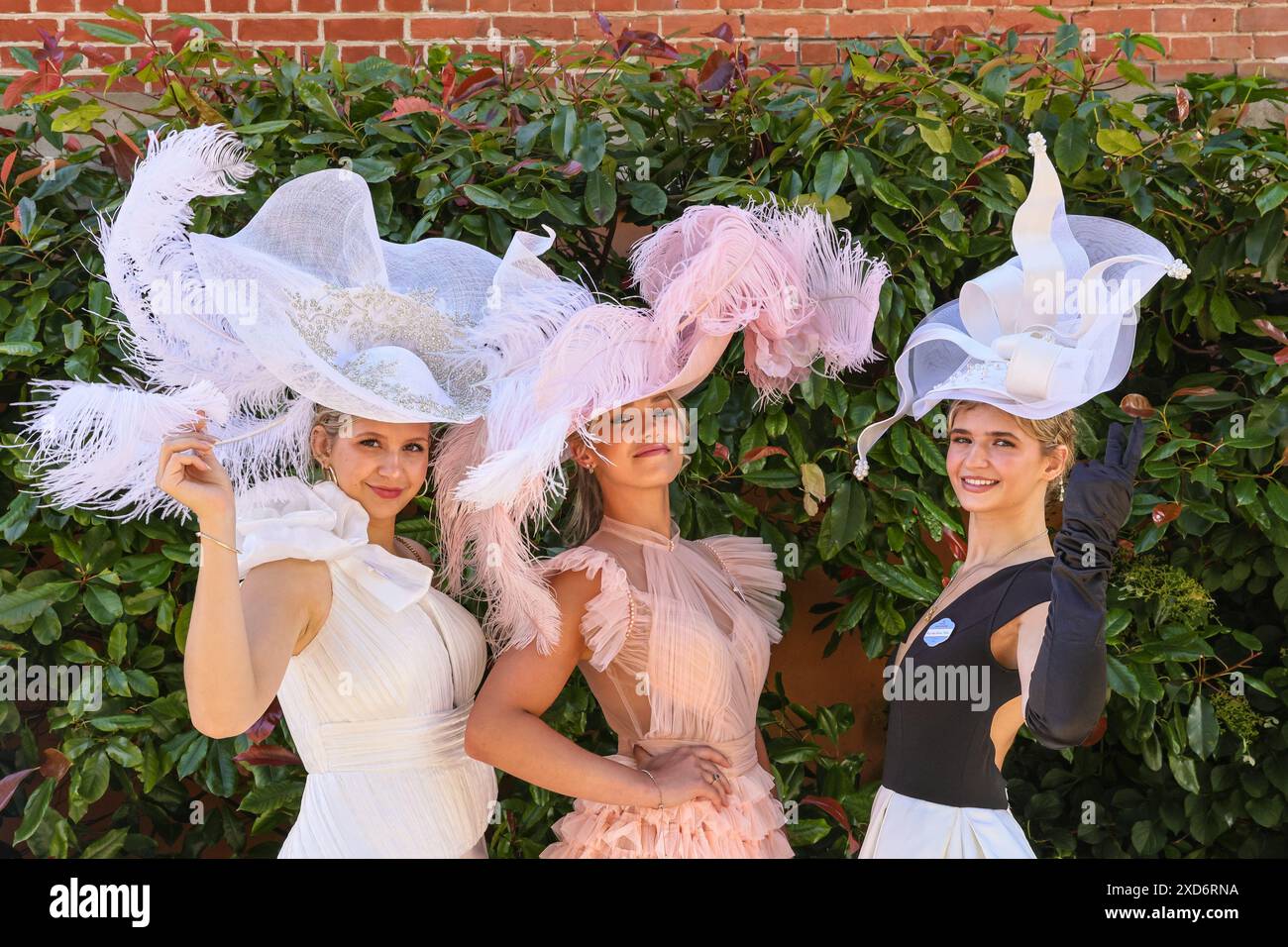 Ascot, Berkshire, Royaume-Uni. 20 juin 2024. Trois jeunes dames posent pour les caméras. Courses hippiques le jour des dames (jour 3) de Royal Ascot. Dapper messieurs en tenue formelle et dames, souvent en robes et créations de chapeau élaborées peuvent être vus arriver et se mélanger avant d'aller aux courses. Crédit : Imageplotter/Alamy Live News Banque D'Images