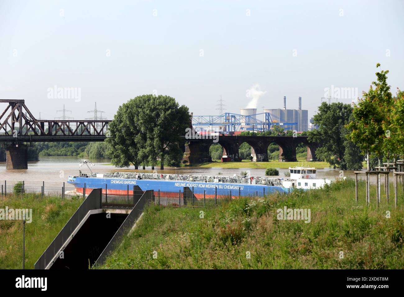 06.06.2024 Duisburg, Pressefahrt zu drei Orten der Internationalen Gartenschau en 2027. Besichtigt wurden drei der fünf Zukunftsorte der IGA, Duisburg, Gelsenkirchen und Dortmund. In Duisburg wird die IGA Ausstellung auf dem Gelände des schon bestehenden Rheinpark entwickelt. Ein Chemietankschiff im Vordergrund. *** 06 06 2024 Duisburg, voyage de presse sur trois sites du salon international du jardin en 2027 trois des cinq futurs sites de l'IGA, Duisburg, Gelsenkirchen et Dortmund, ont été visités à Duisburg, l'exposition de l'IGA est en cours de développement sur le site du Rheinpark A c existant Banque D'Images