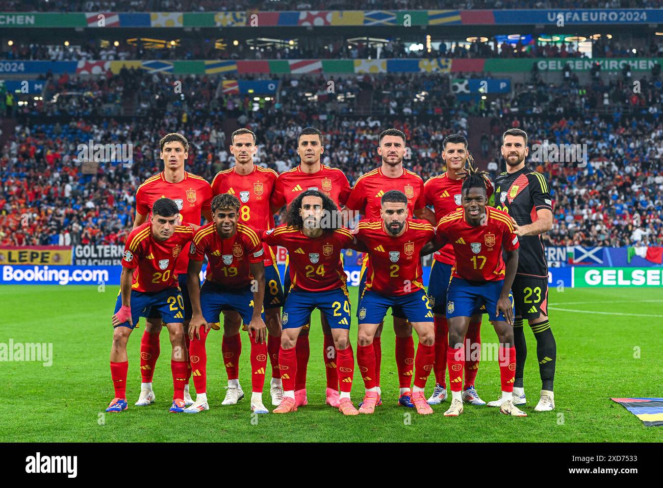 Équipe d'Espagne ( Robin le Normand (3) d'Espagne, Fabian Ruiz (8) d'Espagne, Rodri - Rodrigo Hernandez Cascante (16) d'Espagne, Aymeric Laporte (14) d'Espagne, Alvaro Morata (7) d'Espagne, gardien de but Unai Simon (23) d'Espagne, Pedri - Pedro Gonzalez Lopez (20) d'Espagne, lamine Yamal (19 ans) d'Espagne, Marc Cucurella (24 ans) d'Espagne, Dani Carvajal (2 ans) d'Espagne, Nico Williams (17 ans) d'Espagne lors d'un match de football entre les équipes nationales d'Espagne et d'Italie lors de la 2e journée du groupe B de la phase de groupes de l'UEFA Euro 2024, le jeudi 20 juin 2024 à Gelsenkirchen, Allemagne . PHOTO Banque D'Images