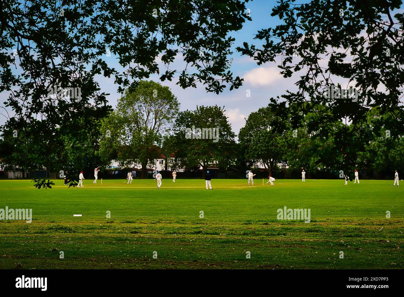 Un match de cricket en cours sur un champ verdoyant entouré d'arbres. Les joueurs sont habillés d'uniformes blancs et le ciel est partiellement nuageux. Banque D'Images