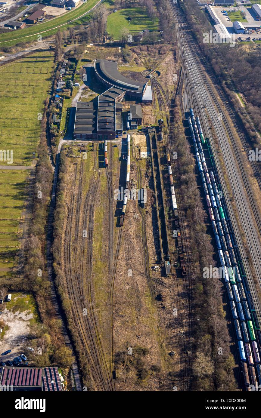 Vue aérienne, dépôt ferroviaire Musée Gelsenkirchen-Bismarck, trains de marchandises, Bismarck, Gelsenkirchen, Ruhr, Rhénanie du Nord-Westphalie, Allemagne Banque D'Images