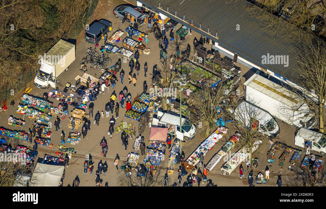 Vue aérienne, Gelsentrödel, marché aux puces, marché aux puces sur la piste de trot, stands, Feldmark, Gelsenkirchen, Ruhr, Rhénanie du Nord-Westphalie, Allemagne Banque D'Images