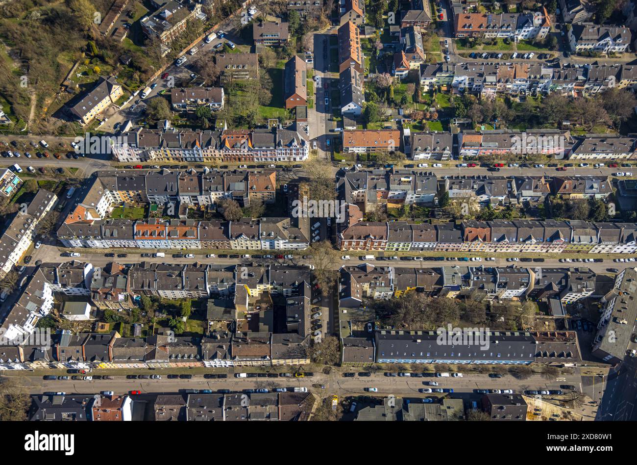 Vue aérienne, maison mitoyenne Kurfürstenstraße, Feldmark, Gelsenkirchen, région de la Ruhr, Rhénanie du Nord-Westphalie, Allemagne Banque D'Images