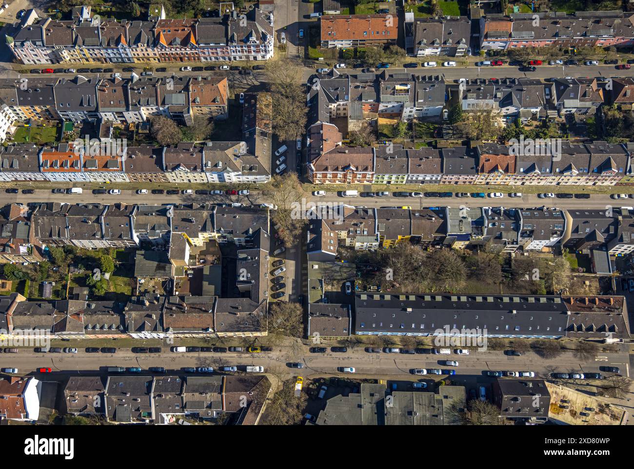 Vue aérienne, maison mitoyenne Kurfürstenstraße, Feldmark, Gelsenkirchen, région de la Ruhr, Rhénanie du Nord-Westphalie, Allemagne Banque D'Images