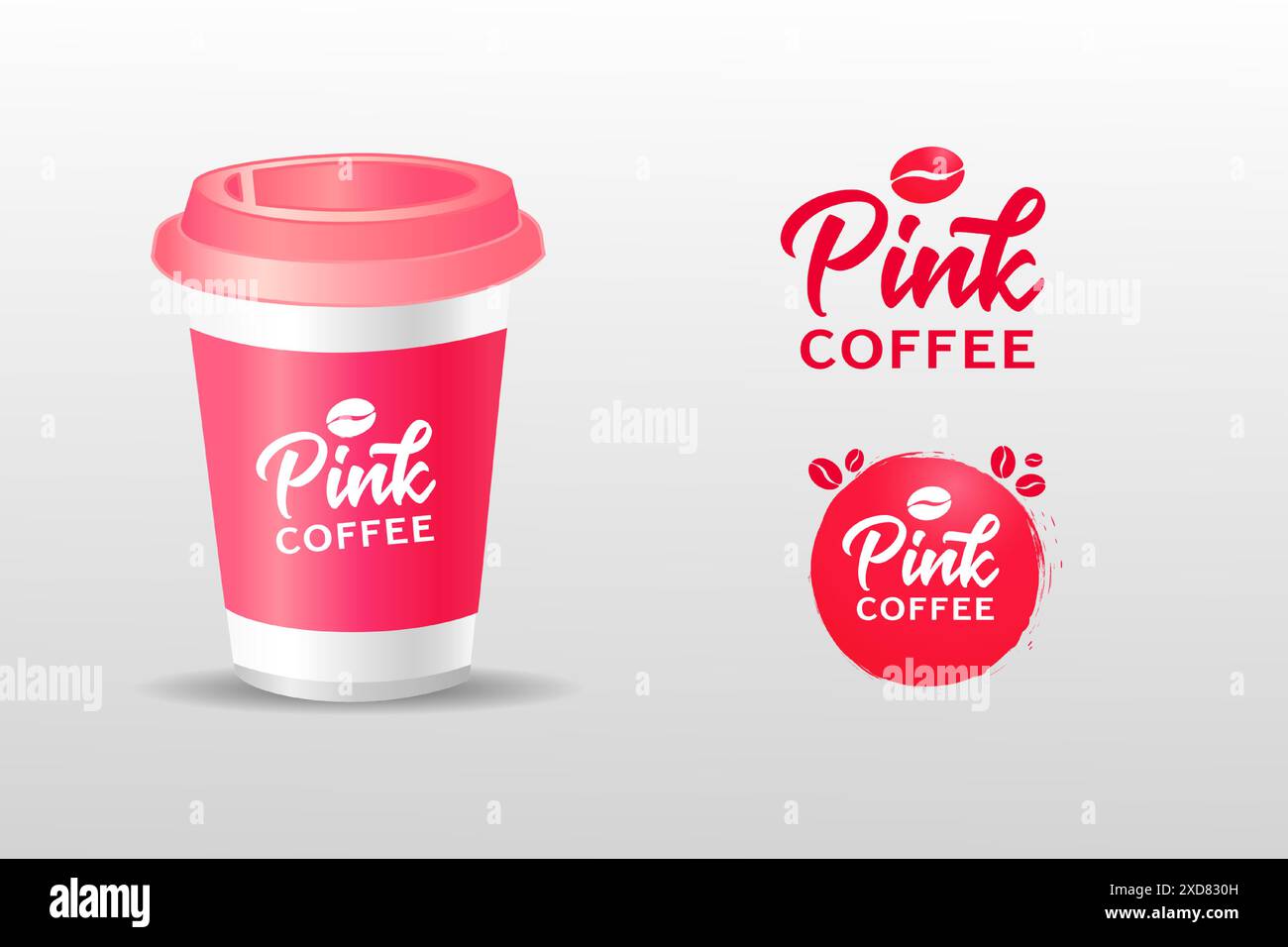 Concept de logo créatif de café rose. Fichier vectoriel modifiable de logo de café de qualité supérieure avec tasse et grains 3D. Illustration de Vecteur