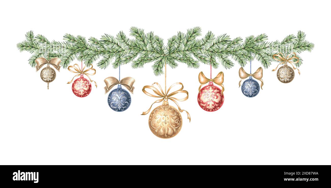 Boules d'arbre de Noël avec des arcs sur la branche d'épicéa. Illustration d'aquarelle dessinée à la main. Décoration de Noël sur PIN, brindille d'arbre de sapin. Nouvel an vintage Banque D'Images