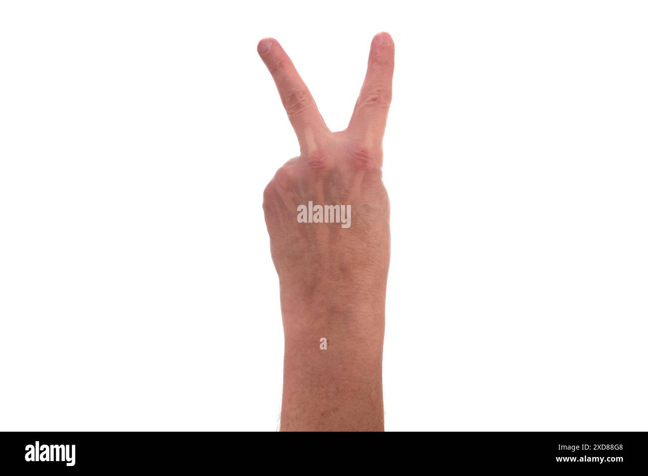 Signes manuels. Symbole de victoire ou de paix. Main masculine avec deux doigts dirigés vers le haut isolé sur fond blanc. Banque D'Images
