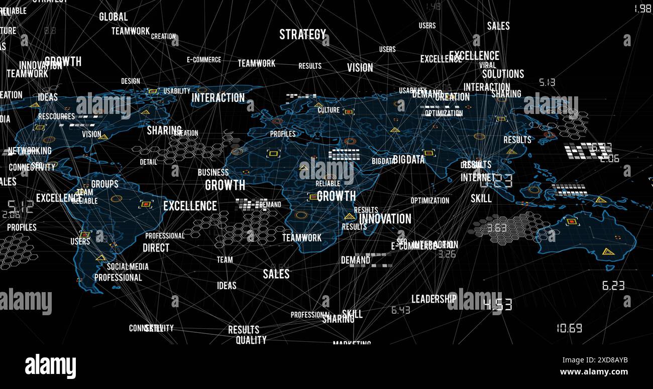 Image de textes connectés formant globe sur des formes géométriques sur la carte sur fond noir Banque D'Images