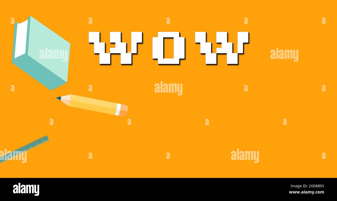Image d'un texte wow et d'icônes d'école de crayon sur fond orange Banque D'Images