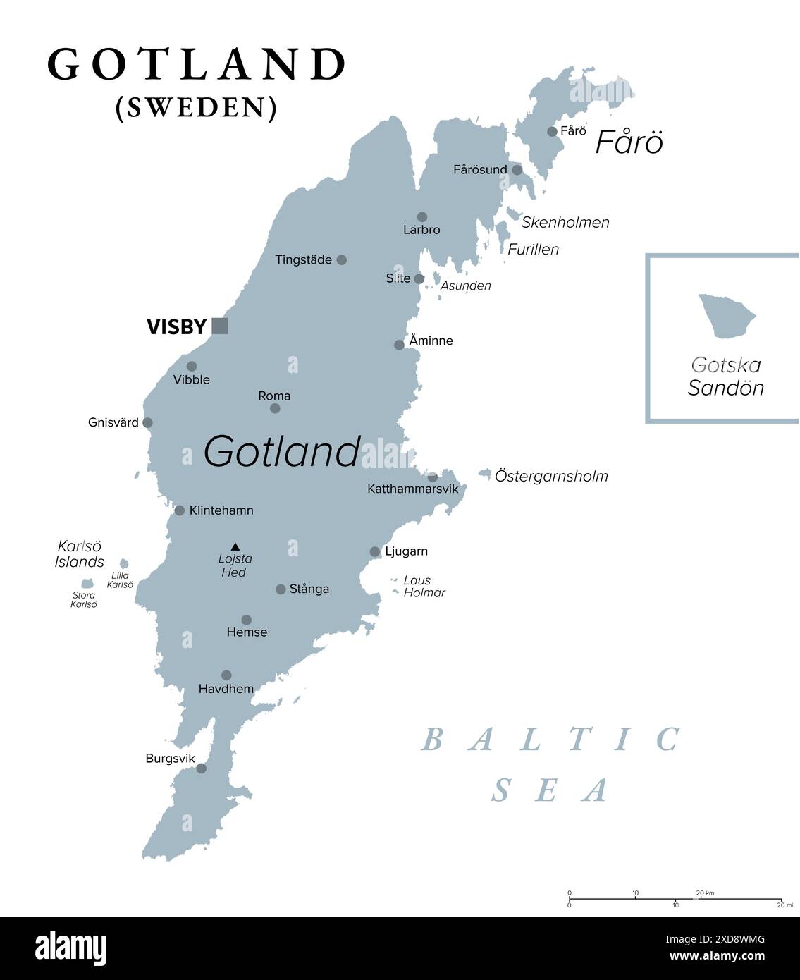 Gotland, carte politique grise. Plus grande île de Suède, entièrement entourée par la mer Baltique. La province de Gotland avec la capitale Visby. Banque D'Images