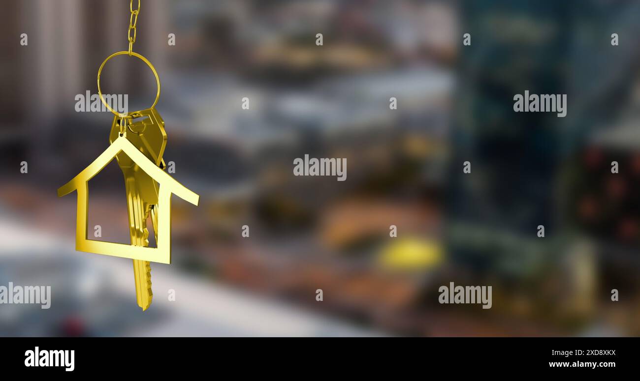 Image de la clé dorée et de la maison au-dessus du paysage urbain Banque D'Images