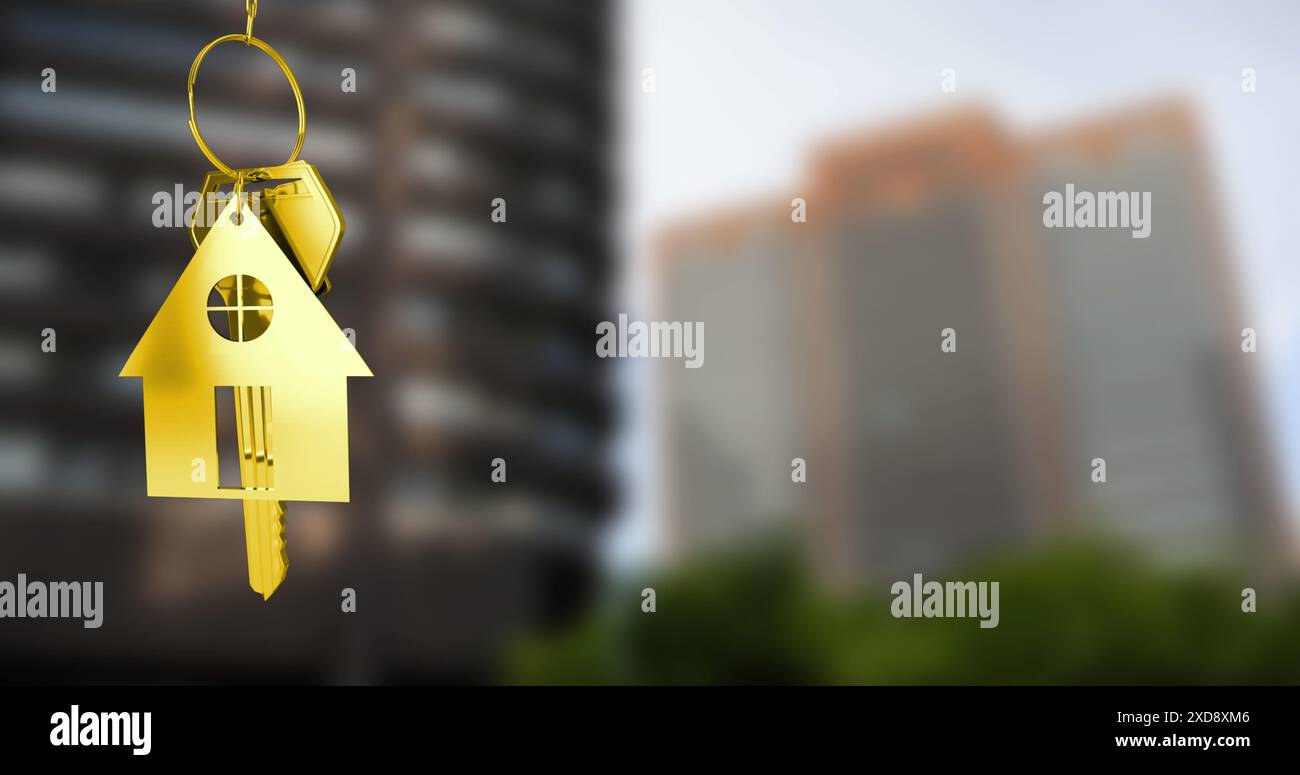 Image de la clé dorée et de la maison au-dessus du paysage urbain Banque D'Images
