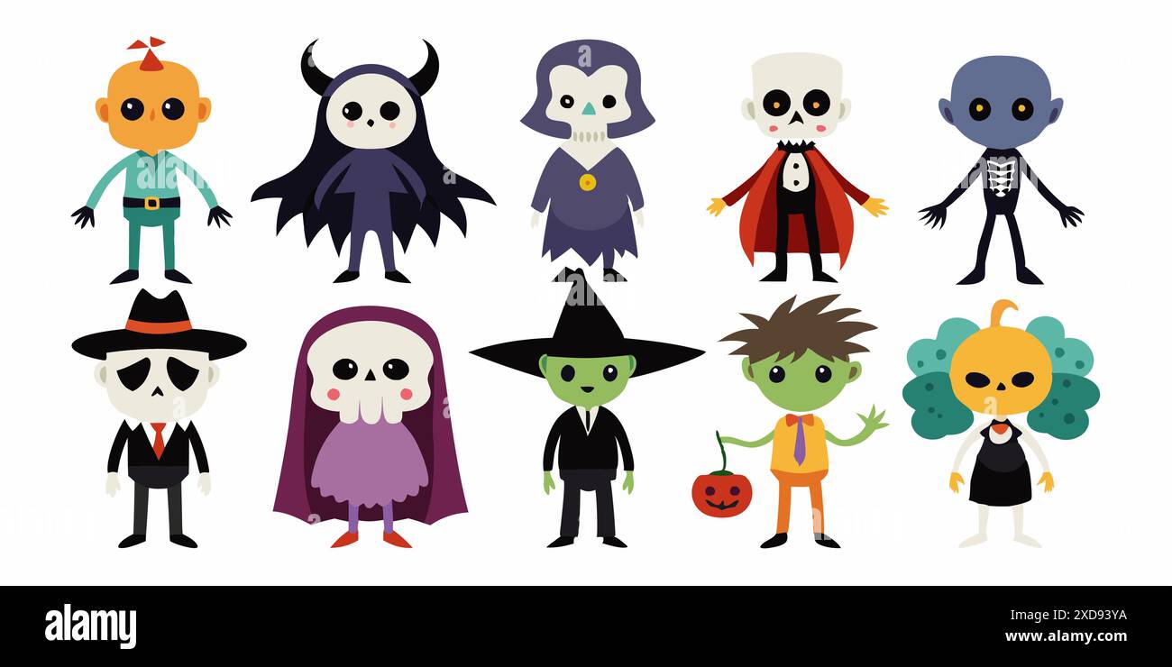 Personnages mignons d'Halloween dans une illustration colorée sur un fond blanc. Concept de vacances, effrayant, style de bande dessinée, créatures fantastiques. Imprimer, desig Illustration de Vecteur