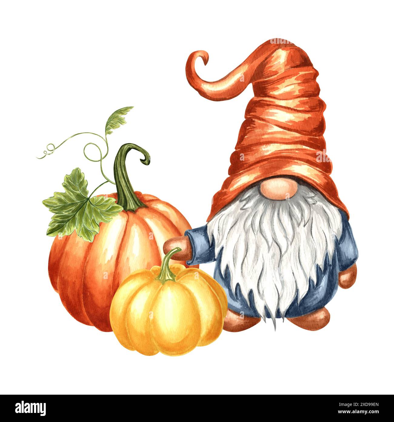 Fall Gnome avec des citrouilles. Nains magiques nordiques. Illustration d'aquarelle dessinée à la main isolée. Personnage de dessin animé mignon pour le décor d'automne et Thanksgiving Banque D'Images