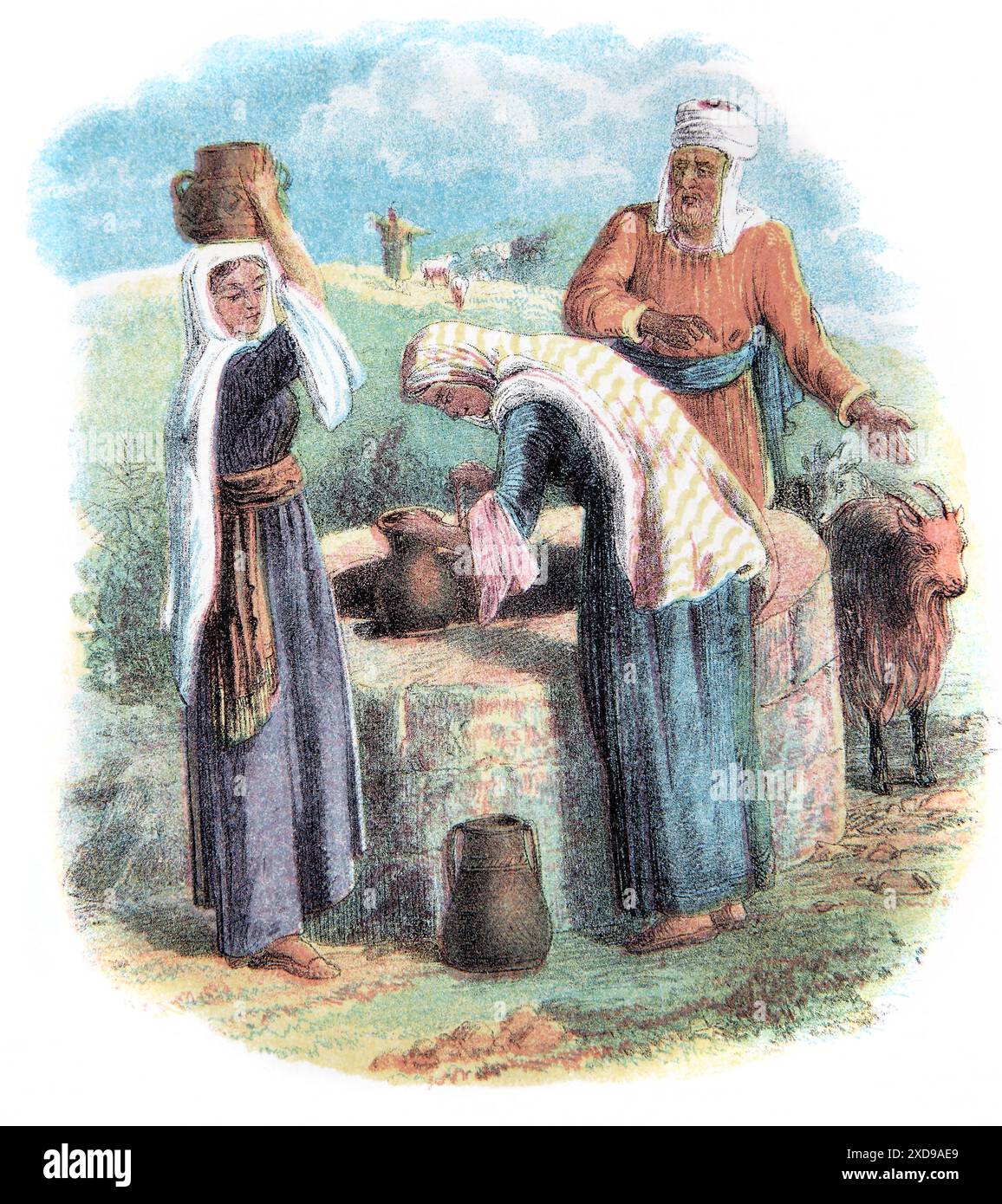 Une page dans Antique 19th Century Brown's Self-Interpreting Family Bible illustrations représentant des femmes tirant de l'eau d'un puits Banque D'Images