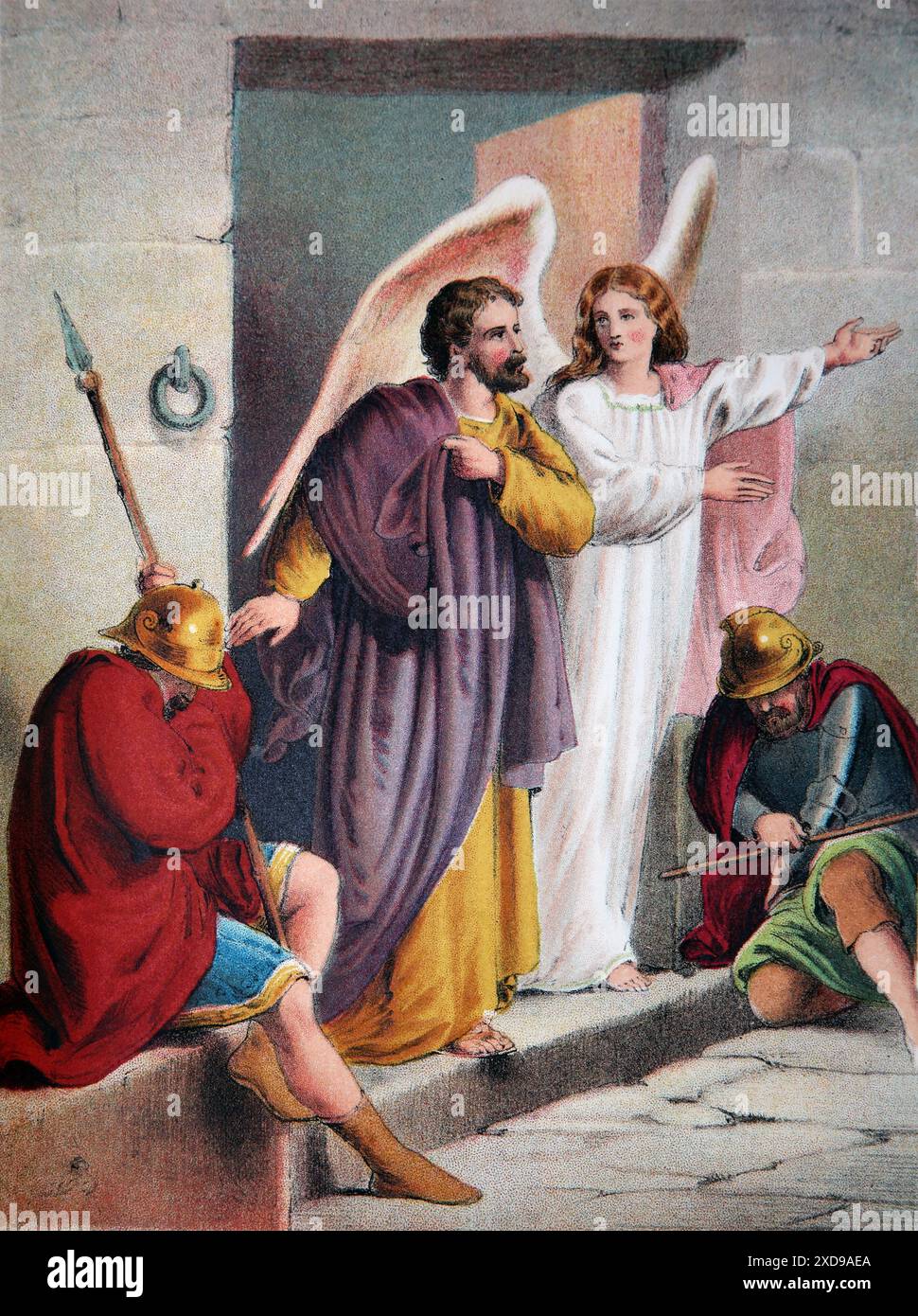 Illustration de Pierre délivré de prison libéré par un Ange (actes) de la Bible de la famille auto-interprétative de Brown du 19ème siècle antique Banque D'Images