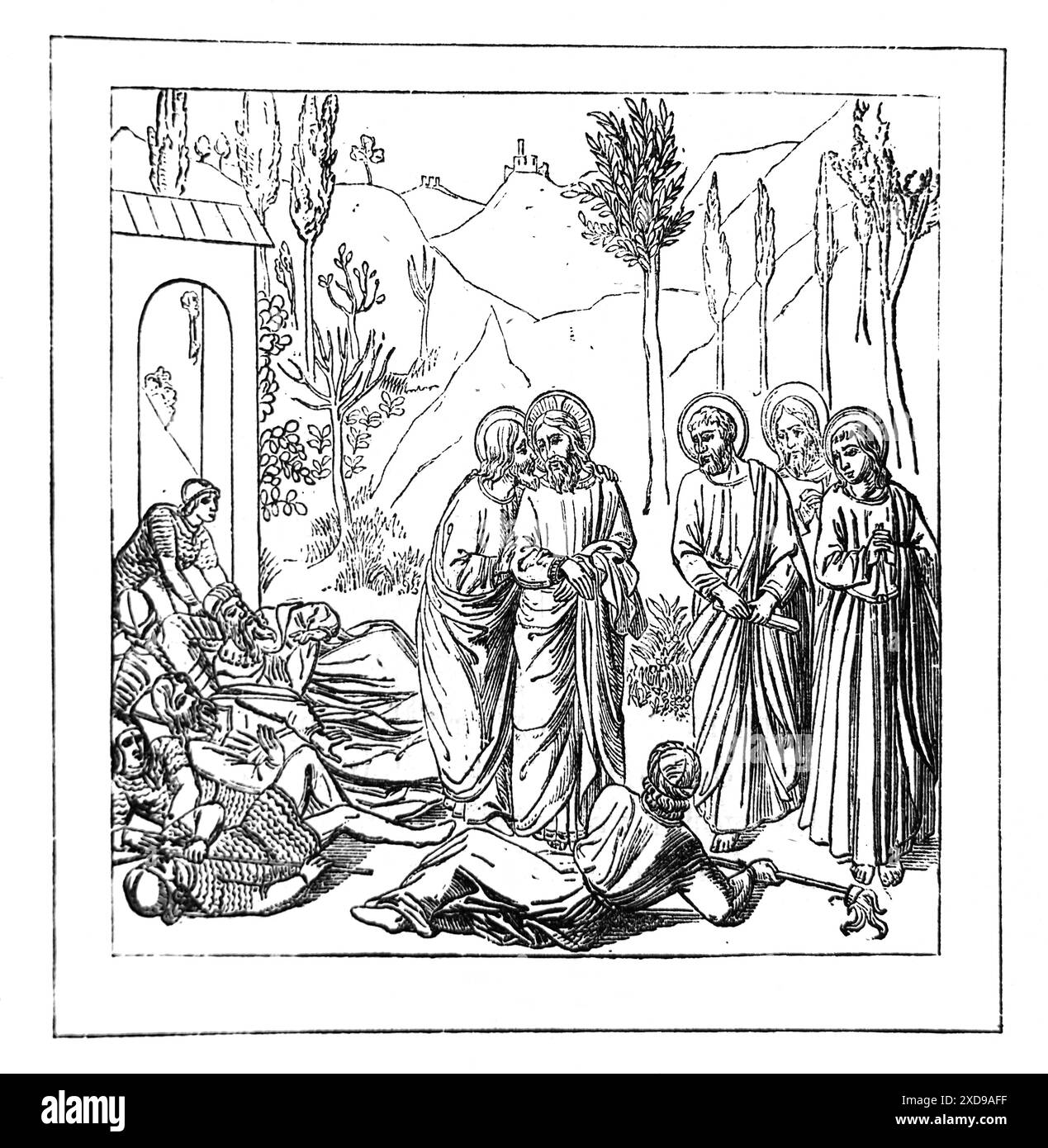 Gravure sur bois du 'baiser de Judas' dans le jardin de Gethsémani Nouveau Testament (Mark) Évangile de Mark de l'Antiquité du XIXe siècle le Dr Kitto Illustrated Fam Banque D'Images