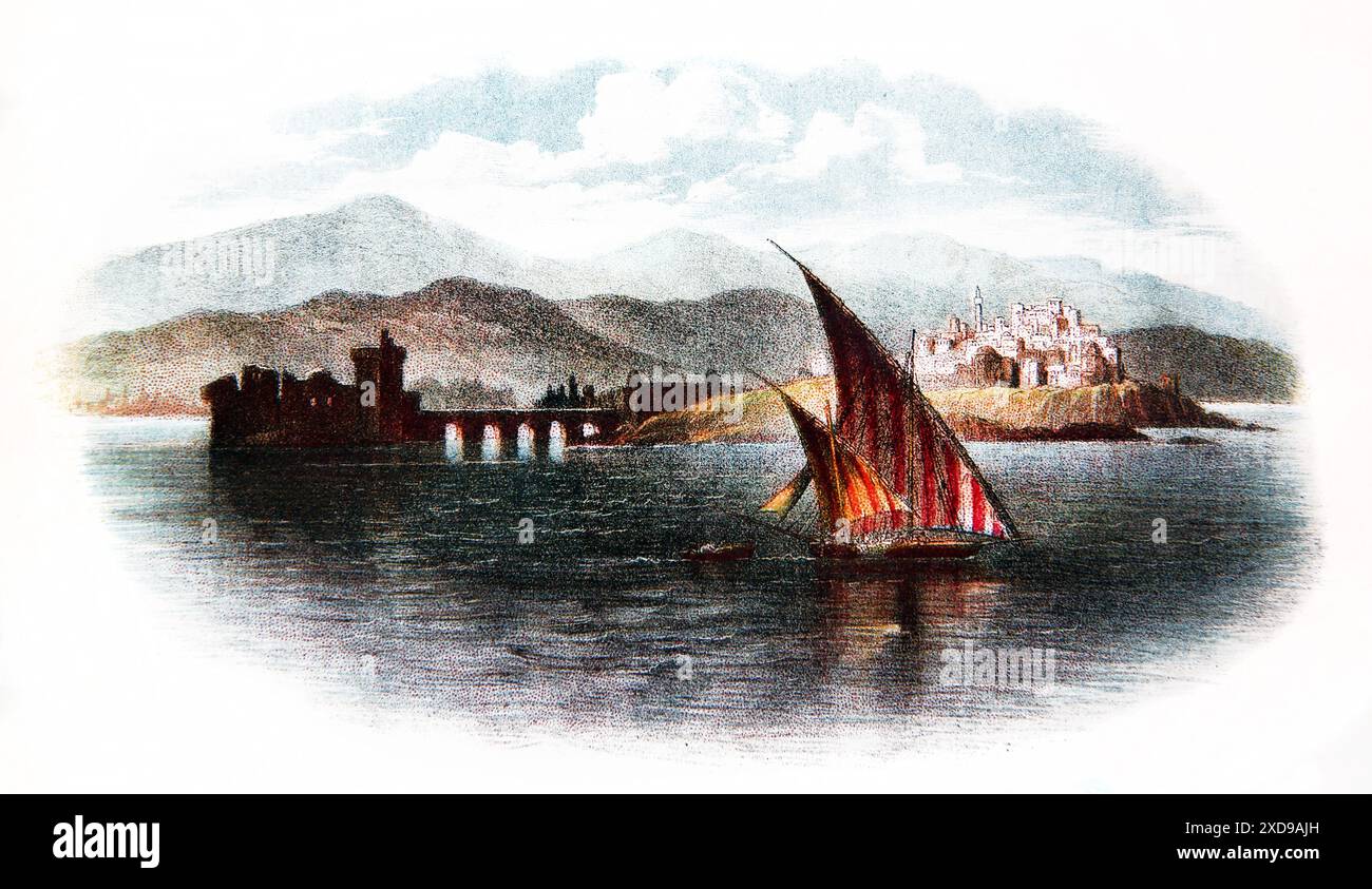 Illustration d'un navire sur la côte de Sidon Un lieu biblique où Jésus-Christ a visité de l'ancienne Bible de famille auto-interprétative du 19ème siècle Banque D'Images
