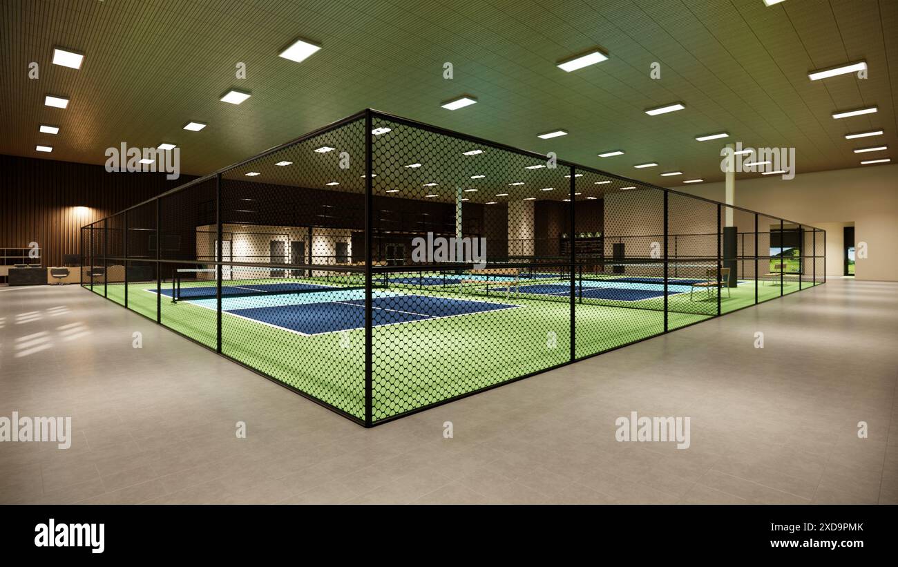 Terrain de pickleball intérieur 3D avec des couleurs bleues et vertes pour une illustration complexe sportif Banque D'Images