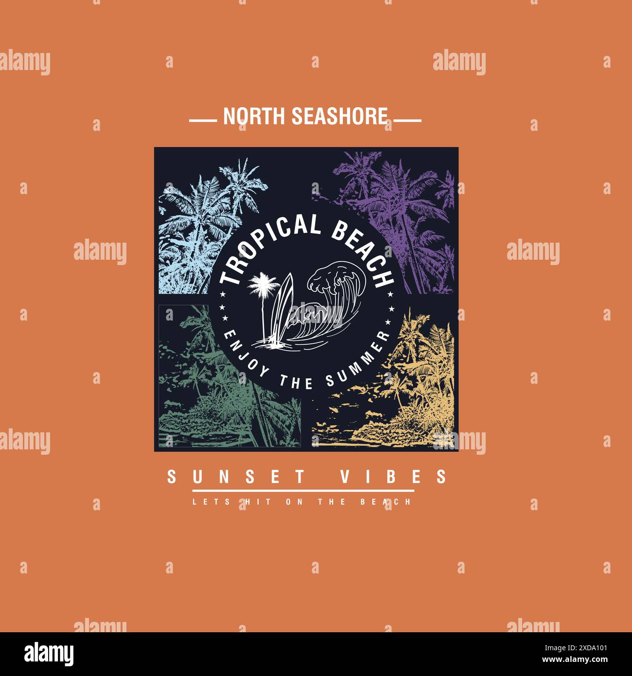 Plage tropicale été palmier typographie Sunset Vibes design Illustration de Vecteur