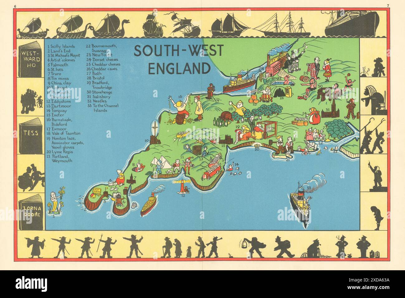 Carte picturale du sud-ouest de l'Angleterre. Devon Cornwall Somerset Dorset. ALNWICK 1937 Banque D'Images