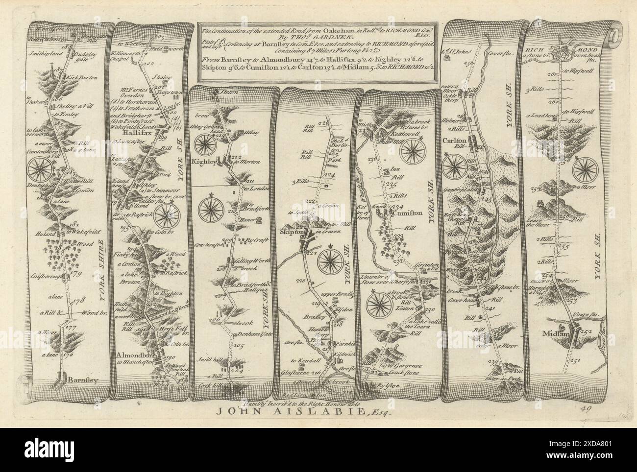 Barnsley - Halifax - Skipton - Richmond. Carte routière GARDNER #49 1719 ancienne Banque D'Images
