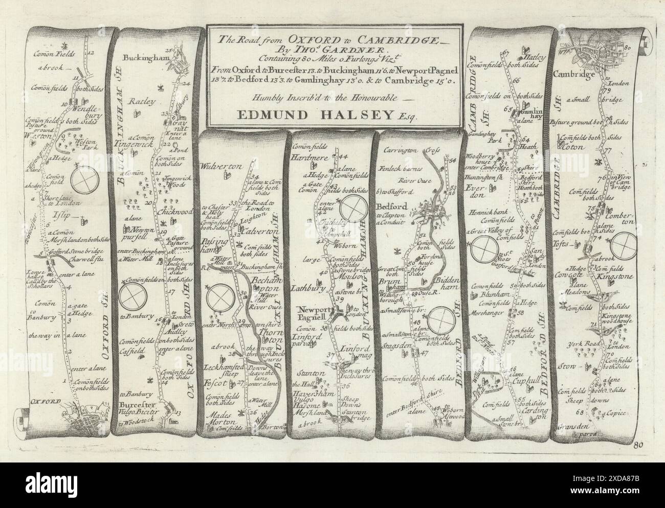 Oxford-Bicester-Buckingham-Bedford-Cambridge. Carte routière GARDNER #80 1719 Banque D'Images