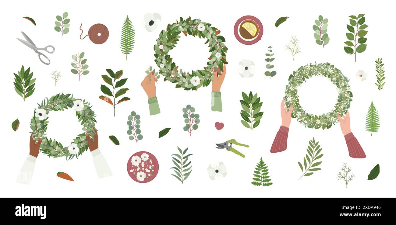 Ensemble de mains féminines faisant des couronnes de mariage avec des outils de bricolage pour atelier floristique. Magnolia, eucalyptus, laurier, feuilles salales et anémone, écoulement de gypsophila Illustration de Vecteur