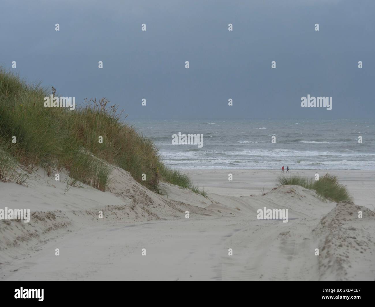 Les dunes de sable mènent à une mer orageuse sous un ciel gris, deux marcheurs au loin, juist, mer du Nord, allemagne Banque D'Images