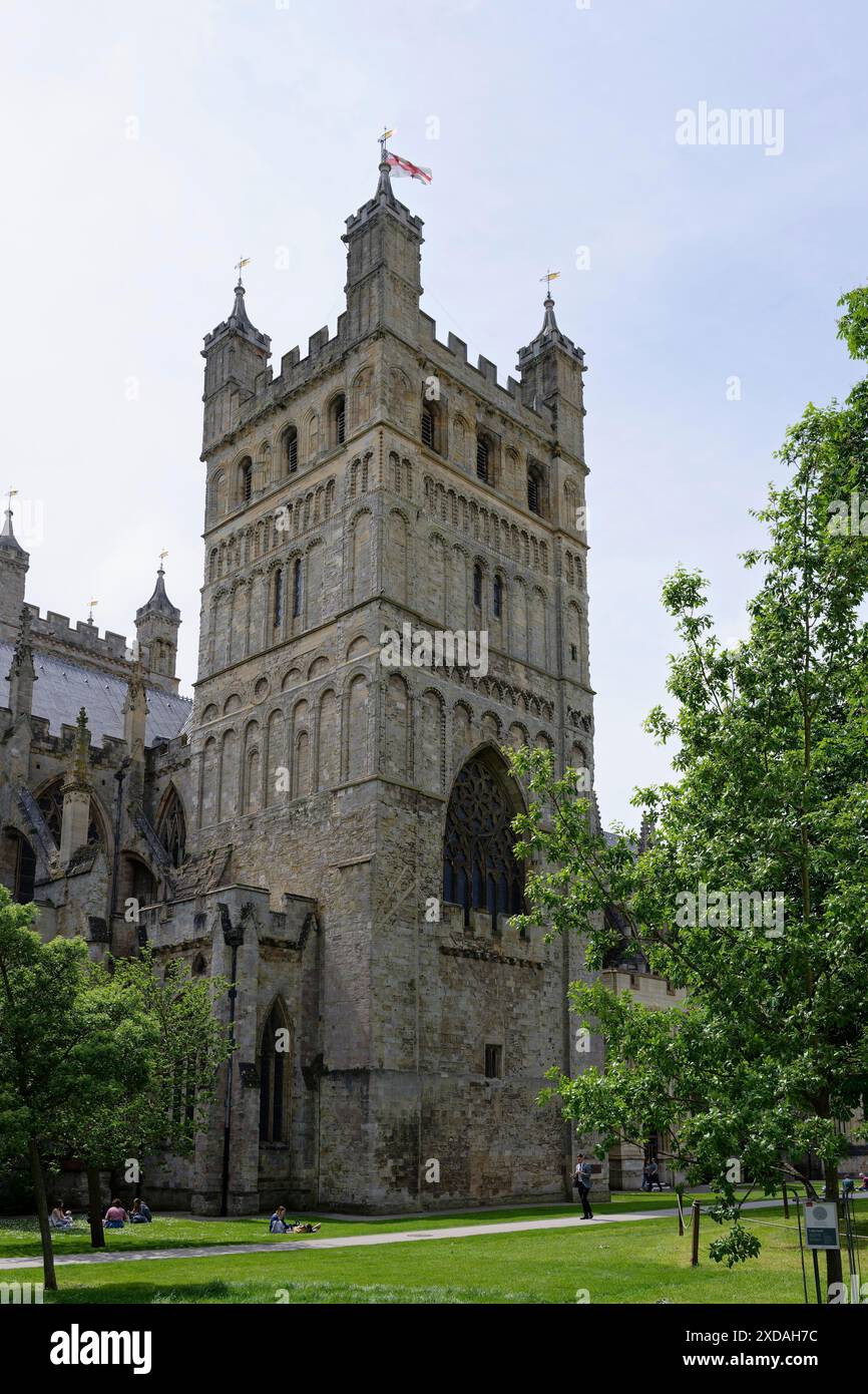 Tour, cathédrale d'Exeter, Cathedral Green, Exeter, Angleterre, grande-Bretagne Banque D'Images