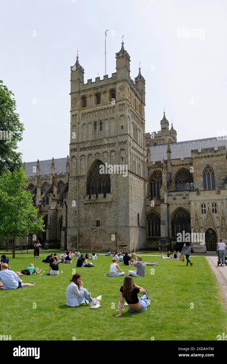 Tour, cathédrale d'Exeter, Cathedral Green, Exeter, Angleterre, grande-Bretagne Banque D'Images