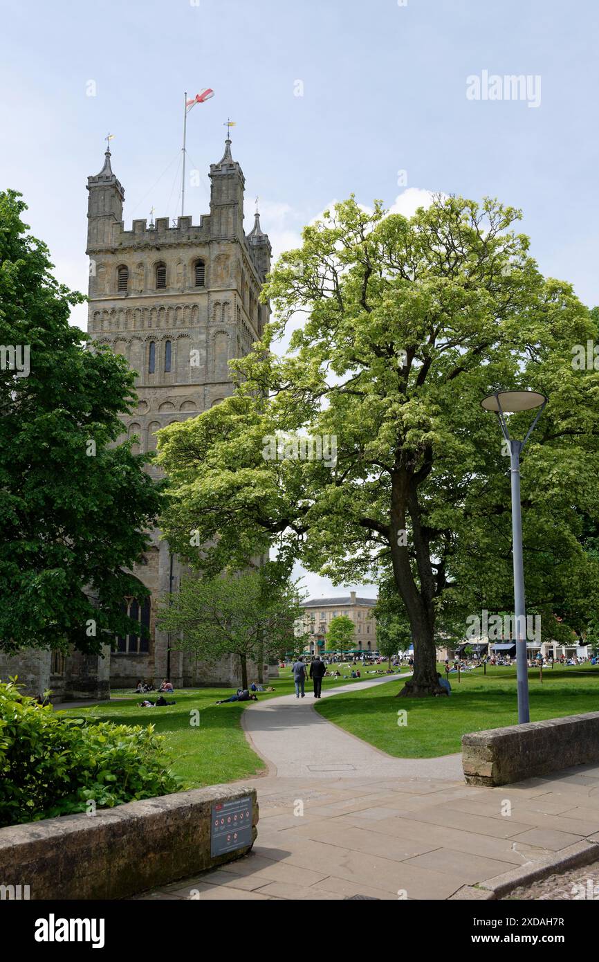 Tour, cathédrale d'Exeter, Cathedral Green, Exeter, Angleterre, grande-Bretagne Banque D'Images