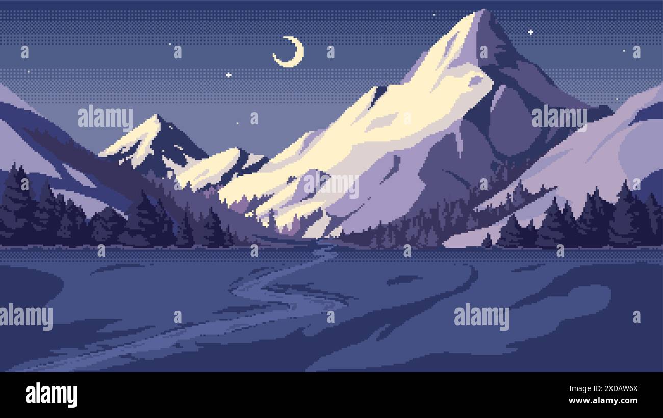 Pixel art fond de montagne enneigée la nuit. Sentier à travers le champ de neige, forêt de pins, sommets enneigés contre le ciel avec des étoiles avec croissant de lune. H Illustration de Vecteur