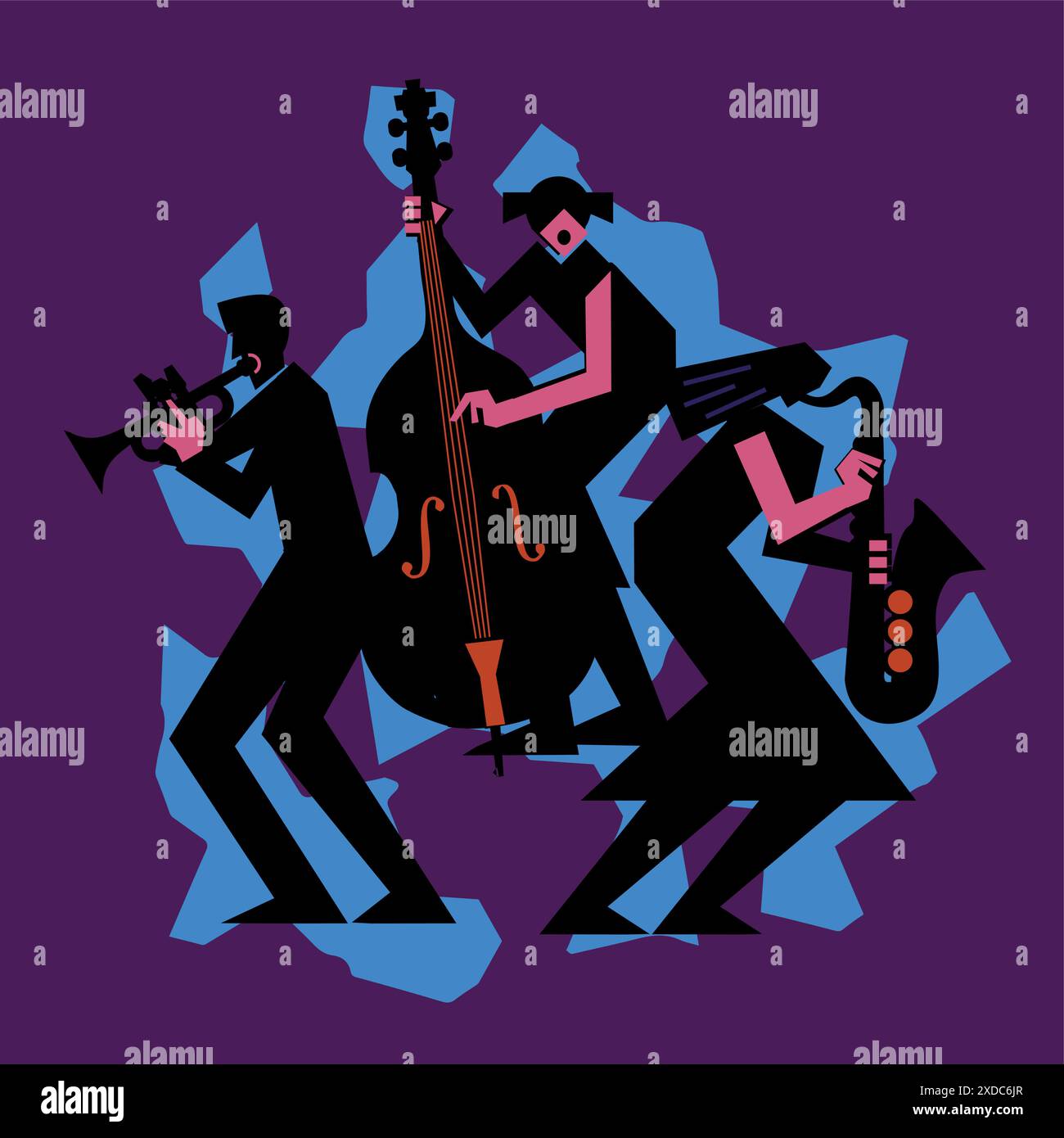 Jazz Band, dixieland, Contrabass, saxophon, trompette. Illustration drôle de conception plate de deux femmes musiciens de jazz et un homme avec trompette. Silhouette noire Illustration de Vecteur